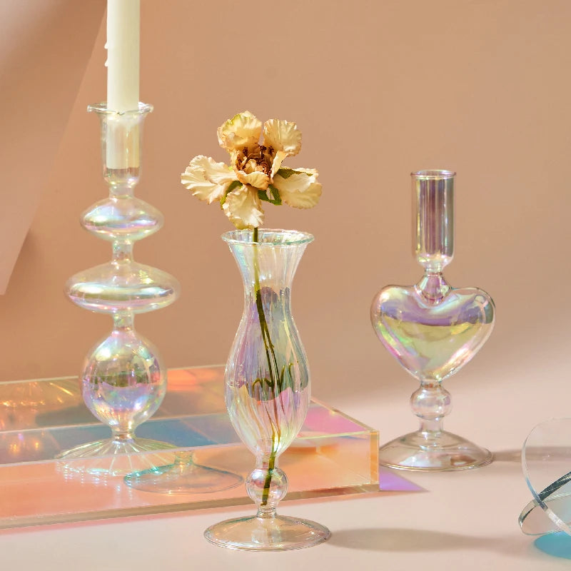 Iridescent Vase and Candle Holders