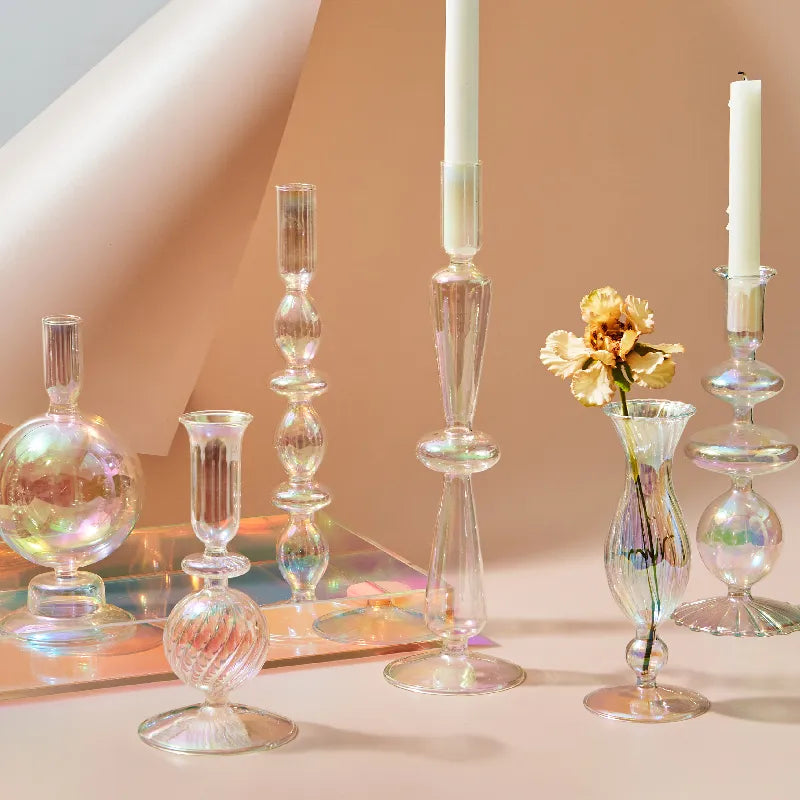 Iridescent Vase and Candle Holders